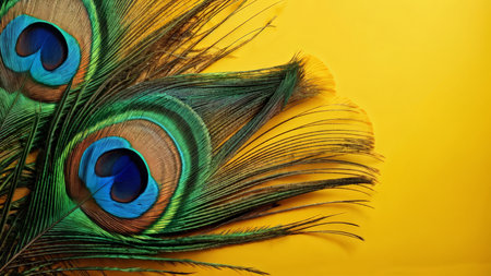 Peacock Feather Pattern in Yellow Background Intricate Design Featuring Shades of Green, Blue, Brown, and Black Linesの素材