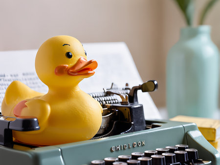 Vintage Typewriter Wakes Up Rubber Duck Types Her Next Novel Amidst Creative Elementsの素材