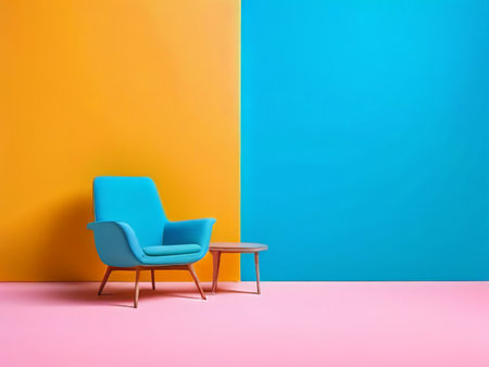 Vibrant Room Design Contrast and Harmony in Yellow, Blue, Pink, and Turquoise Furniture Arrangementの素材