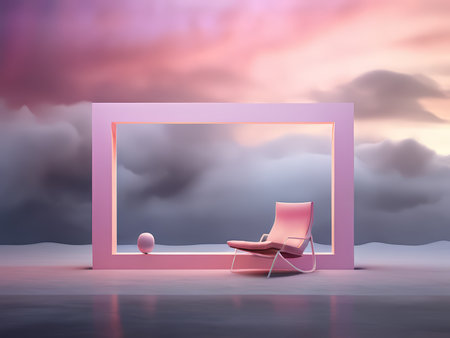 Peaceful Serenity A Tranquil Empty Pink Chair Set Within a Dreamy Cloudy Frame, Capturing Moments of Solitude and Escape in Soft, Gradual Shades of Blue and Whiteの素材