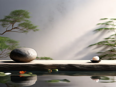 Peaceful Serenity A Tranquil Water Garden Featuring Smooth Stone Plank Overlaying Calm Waters, Accompanied by Floating Green Plants and Majestic Trees in Soft Focus Backgroundの素材