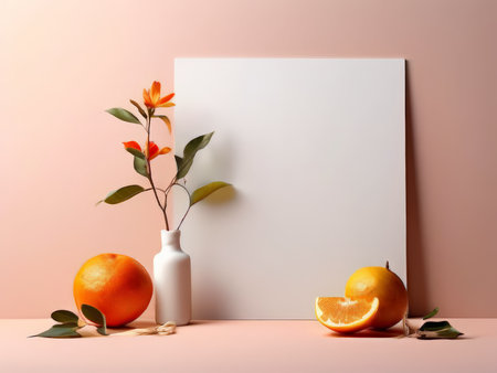 Vintage Still Life A Palette of Oranges, Floral Vase, and Artistic Easel Against Soft Pink Backgroundの素材
