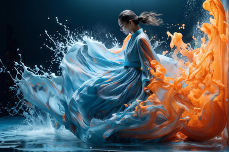 Colorful Splashes and Elegant Blue Dress A Captivating Scene of Artistic Expressionの素材