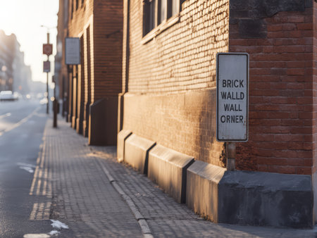 Brick Wall, Stone Pathway, Vehicle Dividers A Street Scene Amidst Urban Infrastructureの素材