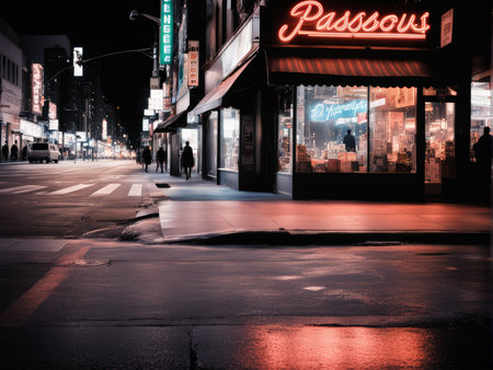 Neon-lit Night City Street Scene A Calm Store Front Amidst Quiet People Watching Neon Signs Attracting Passosouvsの素材