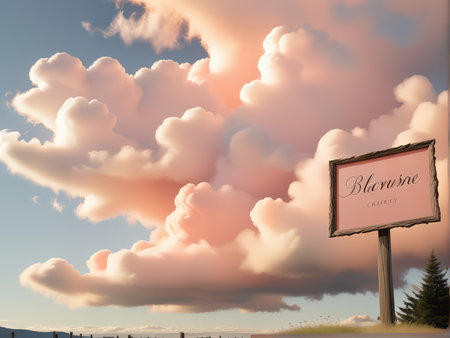 Softly Blowing Pink Fluffy Clouds Over A Clear Blue Sky The Intriguing Scene of Bleuvine Signboard and Nearby Treesの素材