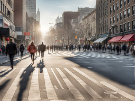 Sun-Rays Overhead A Closer Look at Urban Life Through Foggy Weather Conditions Near a Zebra Crossing with Buildings, Trees, Streetlights, and Sunbeamsの素材