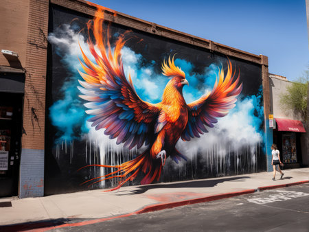 Phoenix in Colorful Canvas Vibrant Feathers Against Flames  Urban Street Scene A Woman Journey Through Artistic Transformationの素材