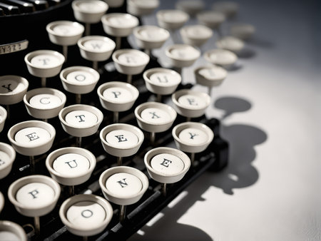 Vintage Typewriter Keyboard A Detailed Close-Up of Upper-Case & Lower-Case Letters Arranged in Columns with Shadows on Plain Backgroundの素材