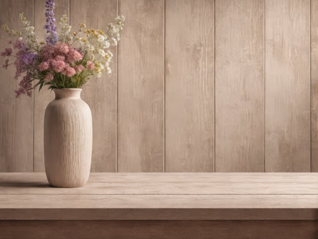 Floral Still Life Warm Wood Vase and Velvet Flowers Against Rich Panelled Backgroundの素材