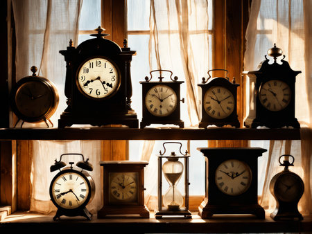 Vintage Timepieces A Display of Analog and Digital Clocks with Roman Numerals Across Different Shelves, Illuminated by Window Shadowsの素材