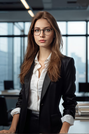 Confident Professionalism A Woman in Business Attire Near a Window Amidst Office Booksの素材