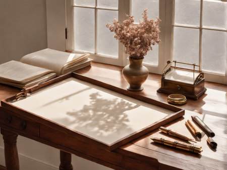 Radiant Morning Light Illuminates the Drawing Table A Warm Cozy Space for Creative Expressionの素材