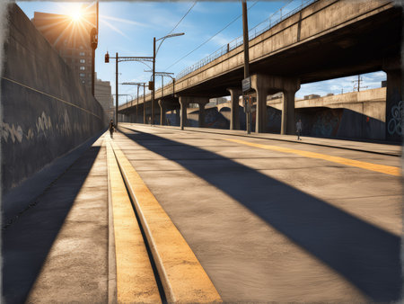 Silent Urban Symphony An Abandoned Cityscape Under Sunlit Overpassesの素材