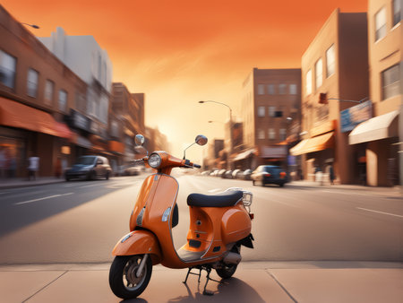 Sunset Urban Chaos A Vibrant Vespa Glide Amidst Orange Sky and Busy Streetsの素材