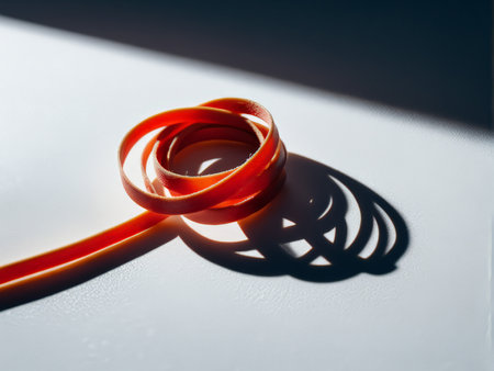 Abstract Art Echo A Red Rubber Band Twisted Shadows Against a Silky Grey Backgroundの素材