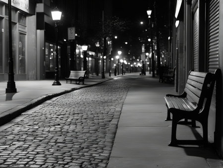 Silent Night in Urban Shadows A Black-and-White Photograph of a Sidewalk Amidst Closed Shops and Dim Street Lampsの素材