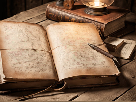 An Antiquated Leather Bound Journal A Vintage Writing Implements Complementing Its Historical Settingの素材