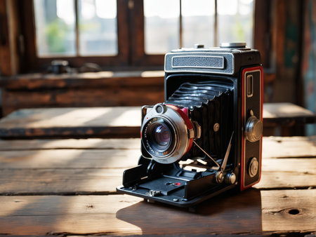 Timeless Beauty A Vintage Camera Dominates the Rustic Table as Nostalgia and Antiquity Fill the Frameの素材