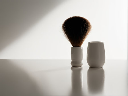 Shaving Brush Still Life A Contrastive Composition Against Reflective White Backgroundの素材