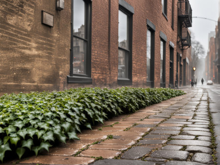Overcast Day Ivy Covering Brick Sidewalks A Mysterious Green Tapestryの素材