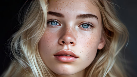 Close-Up Portrait of a Young Woman with Freckles and Blue Eyes Direct Eye Contact Shot from Up Closeの素材