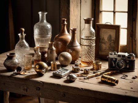 An Attractive Collection Arranged on a Table Antique Items Highlighted by Warm Lighting and Vintage Cameraの素材