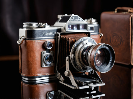 Vintage Fujifilm Camera and Brown Leather Cases An Appreciation of Classic Photography Equipment Through Soft Lighting and Textured Materialsの素材