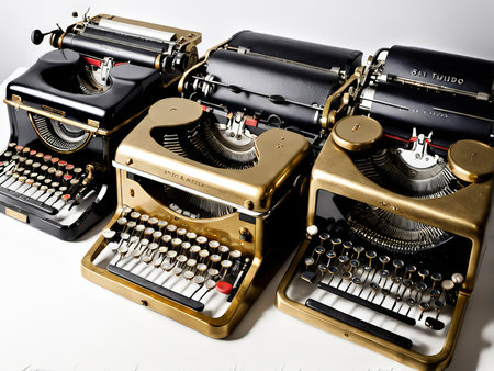 Vintage Typewriter Collection Arranged on White Background A Nostalgic Reflection of Bygone Era Communication Toolsの素材