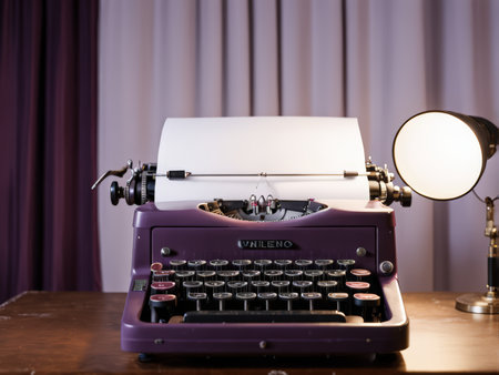 Vintage Typewriter Ready for Ink A Purple Machine in Motion on a Brown Table Lined with White Paper and Illuminated by a Desk Lampの素材