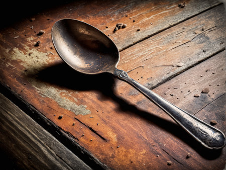 An Intriguing Detail The Precious Silver Spoon Resting on a Wooden Tableの素材