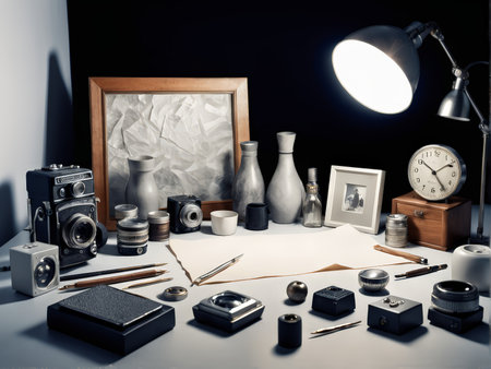 Creative Canvas A Strategic Lighting Portrait of Artistic Tools Arranged Neatly on a Darkened Deskの素材