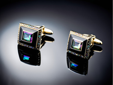 Eye-Catching Gold-Tone Square Cufflinks with Black Enamel Borders and Multicolor Gemstone Design A Stylish Gift for Men Shirtsの素材