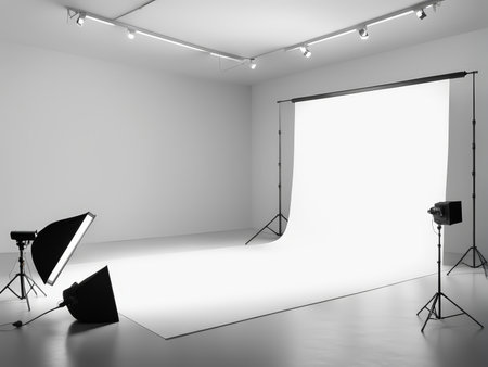 An Enchanted Photography Studio A Black-and-White Photo Capturing the Glowing Lights Insideの素材