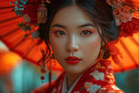 Portrait of a beautiful asian woman in traditional japanese kimonoの素材