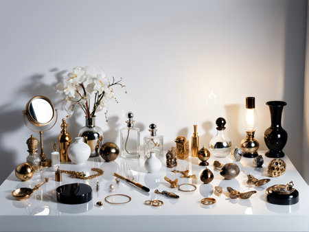 Jewel-Laden Collection A Masterpiece of Elegant Ornamentation Featuring Vases, Mirrors, Bottles, Jewelry Boxes, Rings, Necklaces, and More - An Unmissable Blend of Gold, White, andの素材