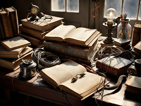 Vignette of Vintage Study Antique Elements Illuminated by Natural Lightの素材