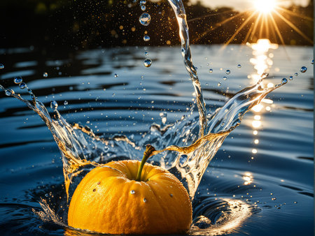 Dynamic Contrast A Vibrant Pumpkin Splash Against Bright Blue Waterの素材