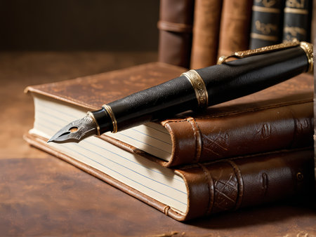 Shallow Focus Composition A Fountain Pen and Leather Bound Books in a Symbolic Writing/Research Theme Setupの素材
