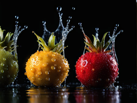 Fresh Scented Delights Vibrant Strawsberries and Juicy Oranges in a Radiant Berry Landscapeの素材