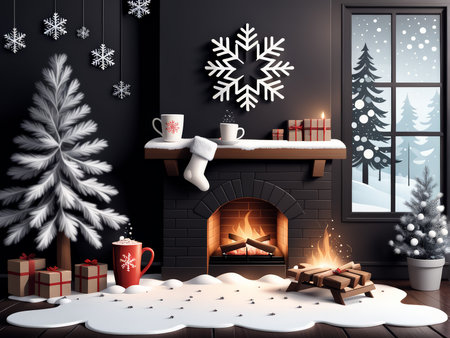 Cozy Winter Oasis A Living Room Decorated with Fireplace, Christmas Tree, and Snowflake-Wrapped Wallsの素材