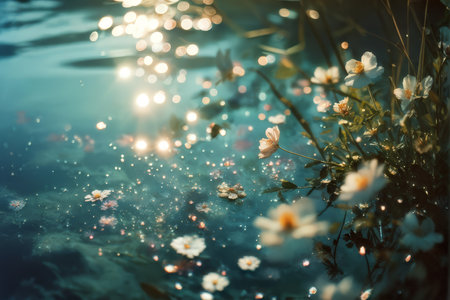 Symmetrical Tranquil Oasis Captivating Bokeh Reflections Amidst Serene Flowers and Waterの素材