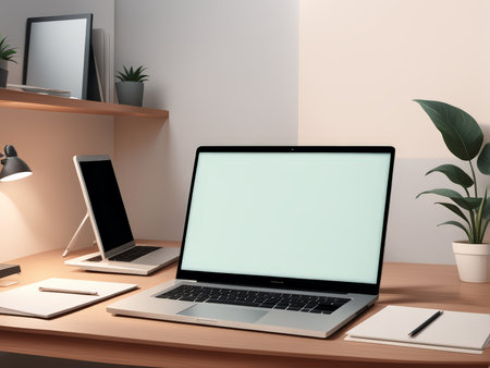 Vintage Industrial Desk Arrangement A Stylish Workspace Featuring White, Green, Black and Grey Elements Surrounding an Elegant Plant, Personalized Frame, and Modern Technology Acceの素材