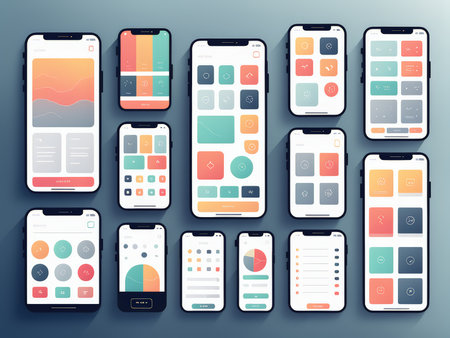 Set of mobile phones with different user interface elements. Vector illustration.の素材