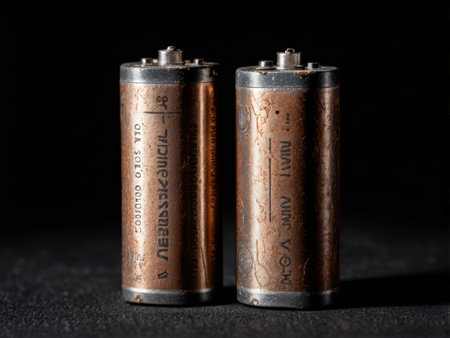 Vintage Power An Attractive Pair of Corroded AA Batteries in Dark Backgroundの素材
