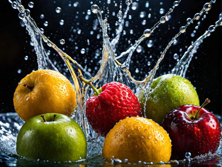Vintage Edited Photo Delicate Fruits and Playful Water Drops Captured in a Vibrant Splash Compositionの素材