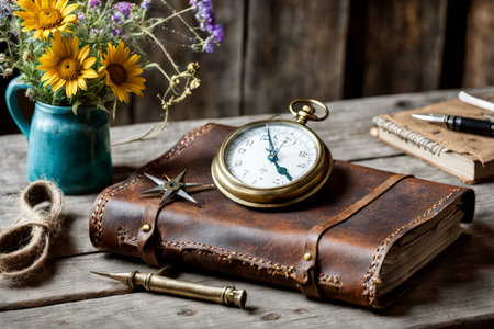 Vintage Still Life A Timeless Collection of Objects Against Rustic Wood Backgroundの素材