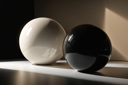 Radiant Spheres A Study in Color and Form Against a Shadowy Backgroundの素材