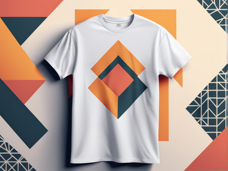 Geometric Artistry Unveiling a Unique T-Shirt Featuring Vibrant Diamonds Against Soft Triangular Patterns, Embodying Modern Elegance and Abstract Beautyの素材