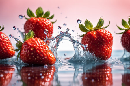 Strawberry Delicacy A Picture Capturing the Juicy Redness and Water-Droplet Splashes on a Pink Surfaceの素材
